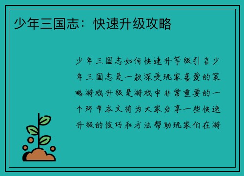 少年三国志：快速升级攻略